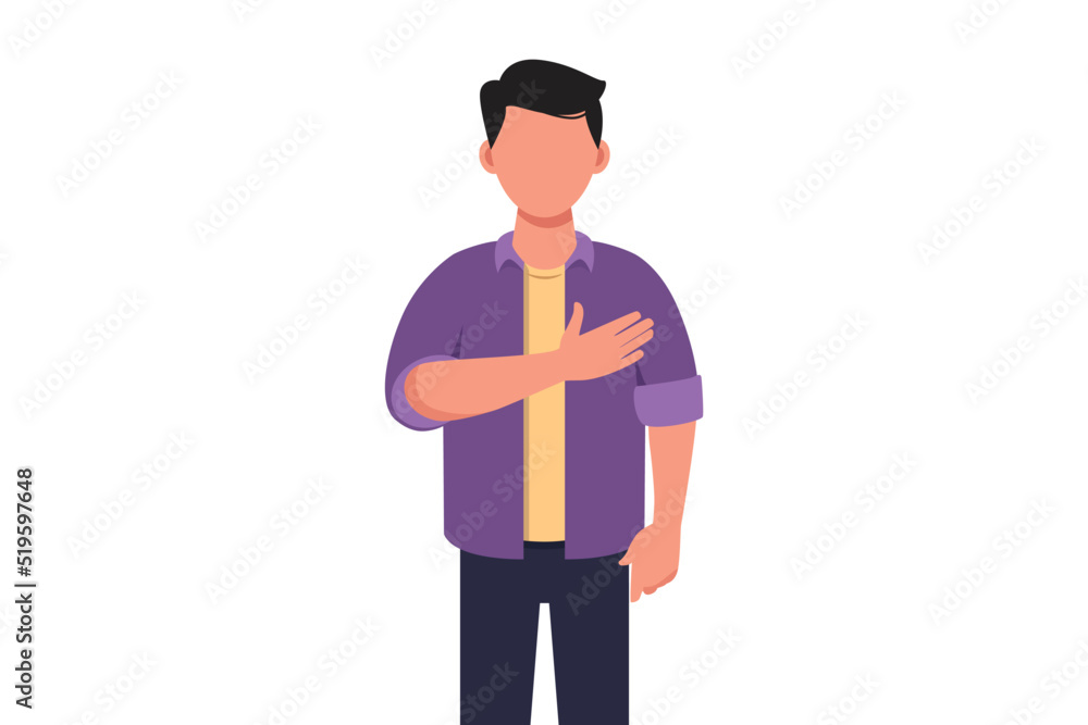 Business concept flat style isolated of young businessman keeping hands on chest. Smiling friendly male expressing gratitude. Emotion and body language concept. Graphic design vector illustration