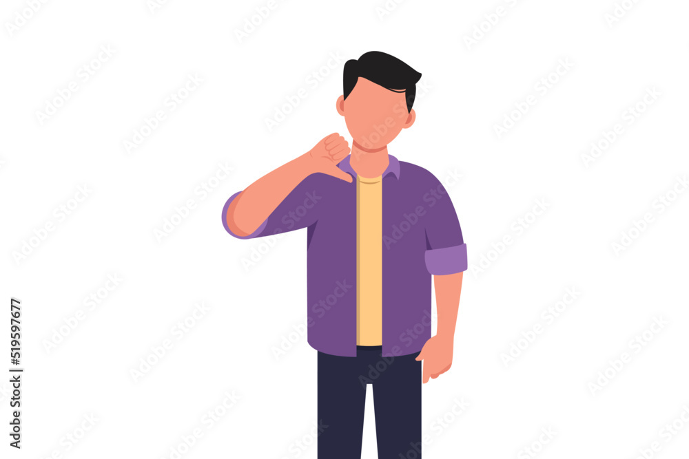 Business design drawing unhappy businessman showing thumbs down sign gesture. Dislike, disagree, disappointment, disapprove, no deal. Emotion, body language. Vector illustration flat cartoon style