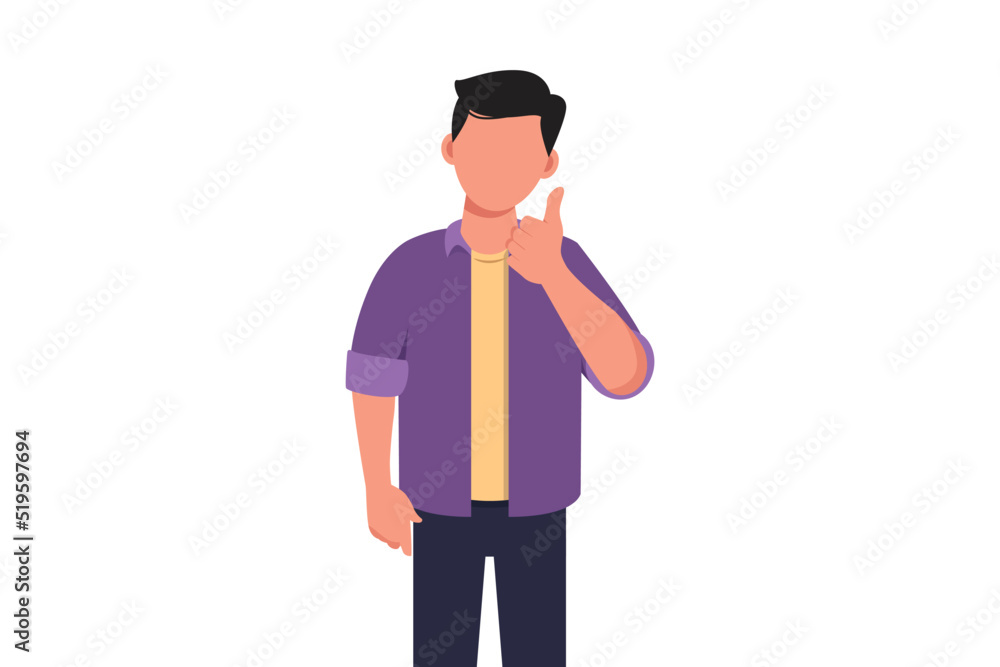 Business cartoon flat style drawing of confident businessman with thumbs up gesture. Excited male manager showing thumbs up sign. Deal, like, agree, approve, accept. Graphic design vector illustration