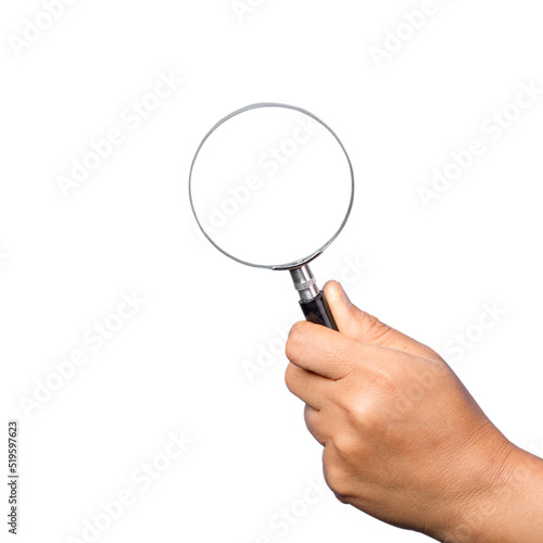 woman hand holding magnifying glass isolated on white background. optical zoom lens is macro tool, concept for education, science.