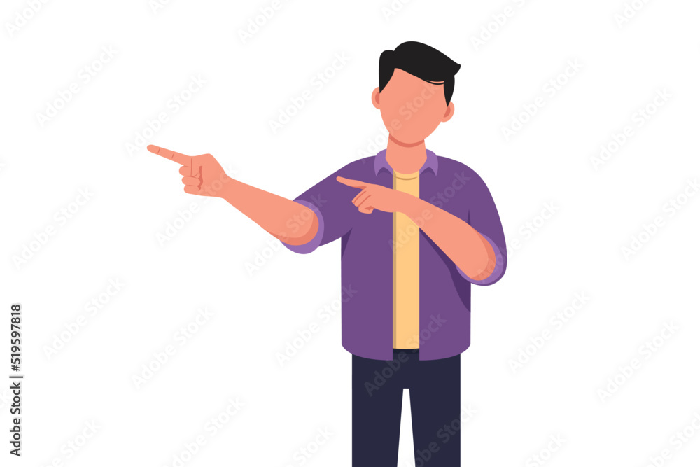 Business flat drawing young businessman pointing away hands together and showing or presenting something while standing and smiling. Emotion and body language. Cartoon style design vector illustration