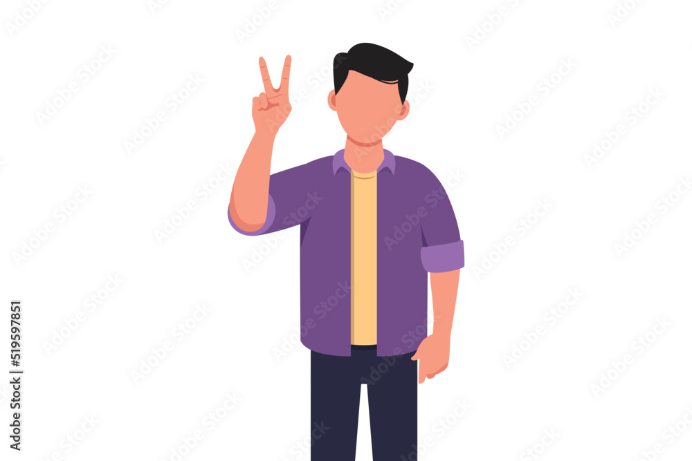 Business concept flat style isolated of smiling man is showing victory sign. Young businessman gesture success. Male doing victory sign. Sign of success and peace. Graphic design vector illustration