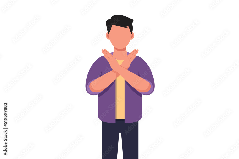 Business concept flat style isolated of young businessman crossing arms and saying no gesture. Person making X shape, stop sign with hands and negative expression. Graphic design vector illustration