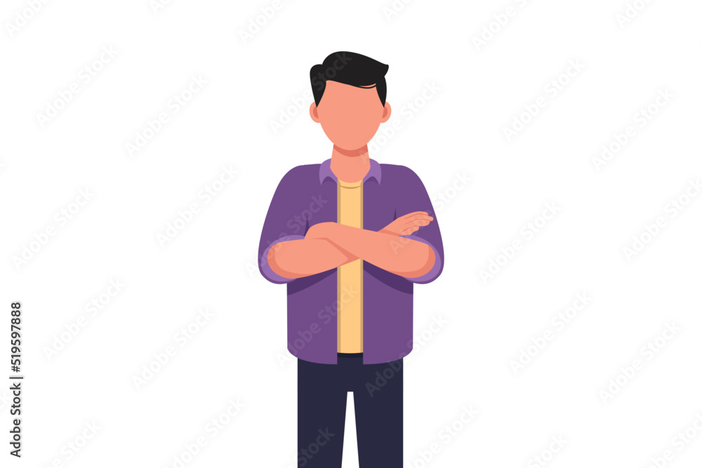 Business flat drawing smiling confident young businessman with keeping arms crossed. Active male manager or office worker standing with folded arms pose. Cartoon graphic design vector illustration