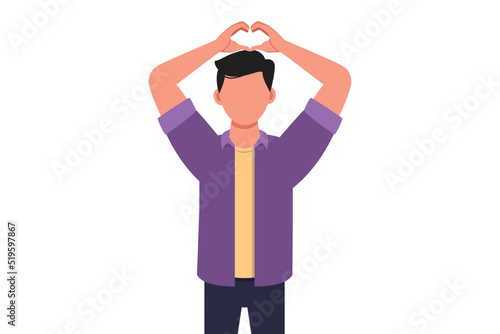Business flat drawing young businessman making or gesturing heart symbol with fingers over head. Modern male lifestyle, healthcare, love shape concept. Cartoon style draw design vector illustration