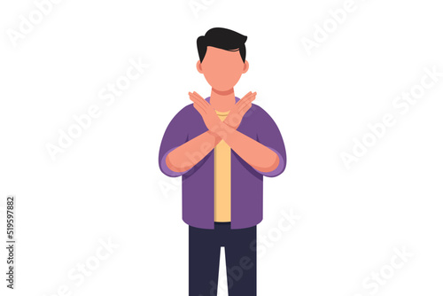 Business concept flat style isolated of young businessman crossing arms and saying no gesture. Person making X shape, stop sign with hands and negative expression. Graphic design vector illustration