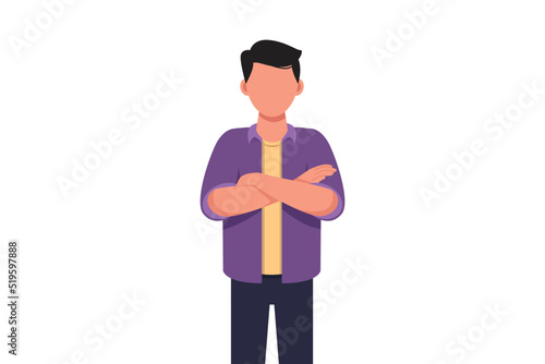 Business flat drawing smiling confident young businessman with keeping arms crossed. Active male manager or office worker standing with folded arms pose. Cartoon graphic design vector illustration