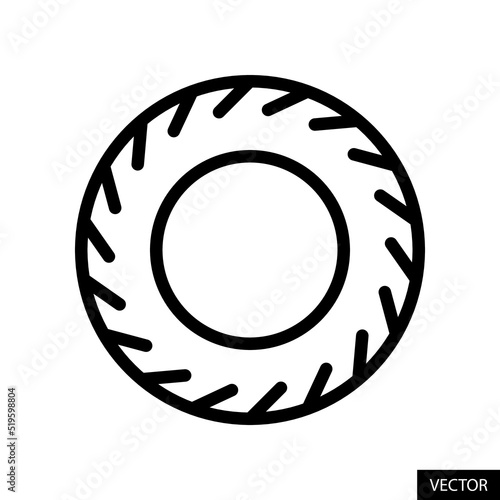 Rubber tire or tyre vector icon in line style design for website design, app, UI, isolated on white background. Editable stroke. Vector illustration.