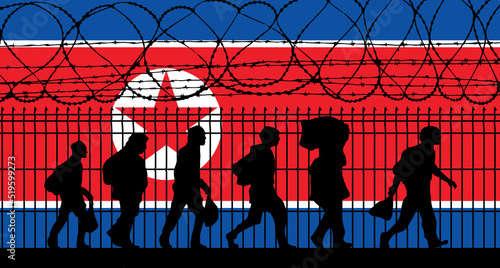 Foto Flag of North Korea - Refugees near barbed wire fence