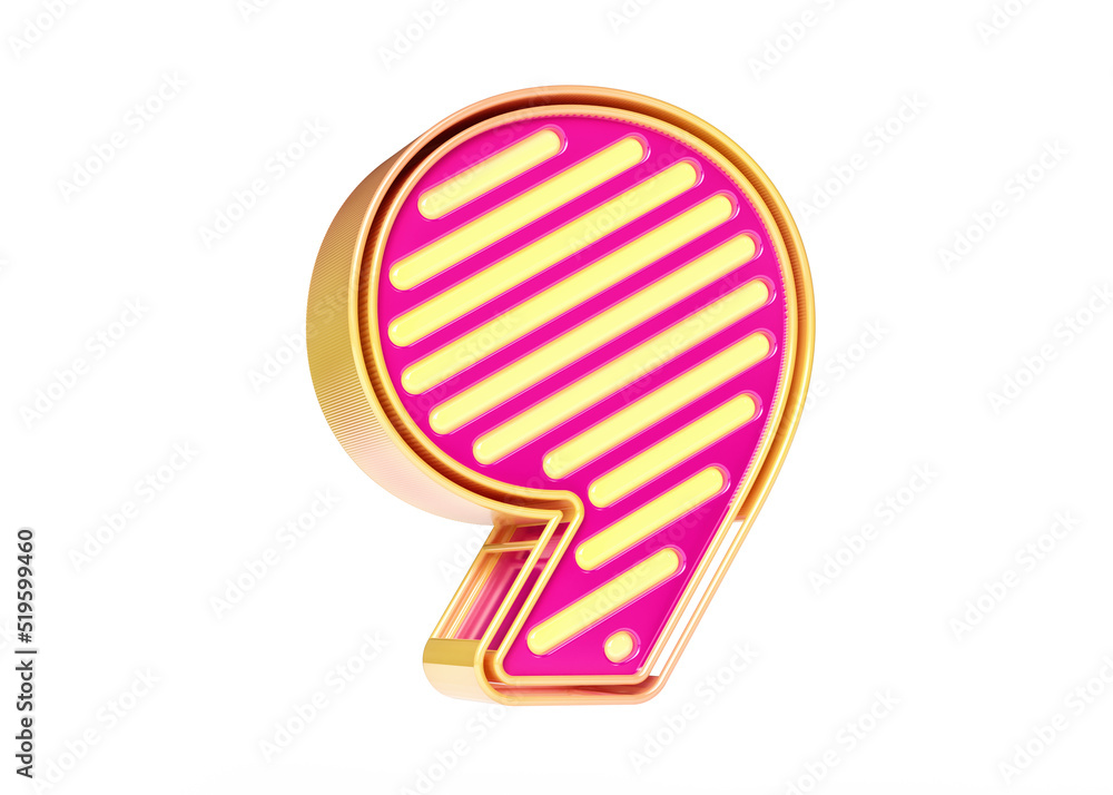 Fototapeta premium Neon font in pink and golden yellow color combination. Digit number 9 in high quality 3D rendering.