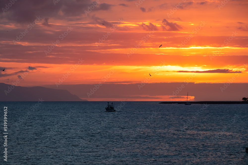 Romantic sunset seen from lookout Cypelek Los Cristianos, Tenerife, Canary Islands, Spain, Europe. Silhouette of birds entering frame. Fishermen boat on the way to Island of La Gomera in the distance