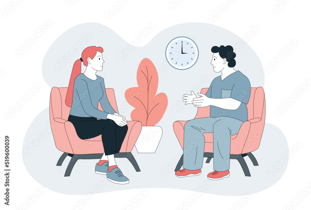 Doctor and patient talking in a hospital. Consultation, appointment. Flat vector.