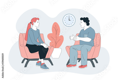 Doctor and patient talking in a hospital. Consultation, appointment. Flat vector.