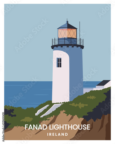 fanad lighthouse vector landscape. travel to donegal ireland. vector illustration for poster, postcard, art print with minimalist style.