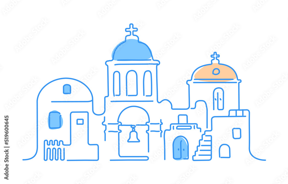 Santorini island, Greece. Traditional white architecture and Greek Orthodox churches with blue domes and houses. Vector linear illustration. Santorini island, Greece. Traditional white architecture and Greek Orthodox churches with blue domes and houses. Vector linear illustration.