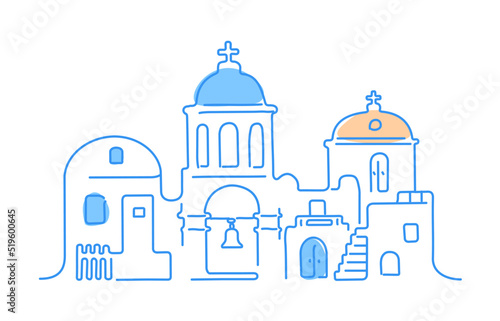 Santorini island, Greece. Traditional white architecture and Greek Orthodox churches with blue domes and houses. Vector linear illustration.