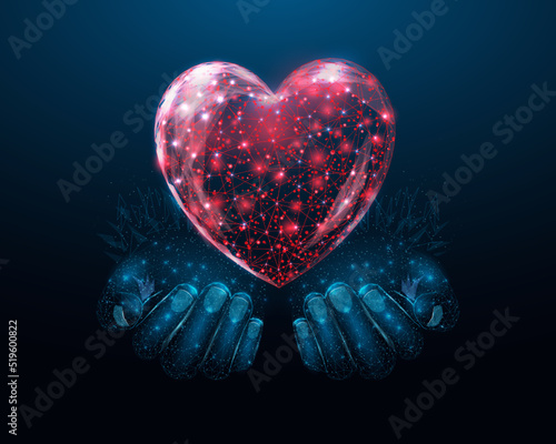 Two human hands are holds heart. Wireframe glowing low poly heart. Design on dark blue background. Abstract futuristic vector illustration.