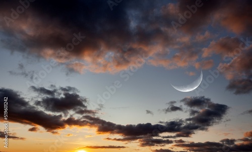 Crescent moon on dusk sky twilight for religion of islamic, Eid al Adha, Eid Al fitr