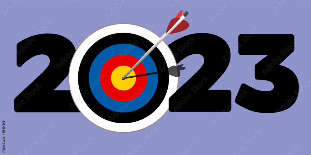 Carte de vœux pour présenter les objectifs d’une entreprises ambitieuse pour 2023, avec le symbole d’une flèche qui atteint le cœur d’une cible. Carte de vœux pour présenter les objectifs d’une entreprises ambitieuse pour 2023, avec le symbole d’une flèche qui atteint le cœur d’une cible.
