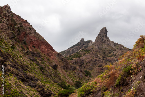 Panoramic view on El Dedo del Roque Pai crag, Roque Paez in the Anaga mountain range, Tenerife, Canary Islands, Spain, Europe. Scenic hiking trail from Afur to Taganana through canyon Barranco de Afur © Chris