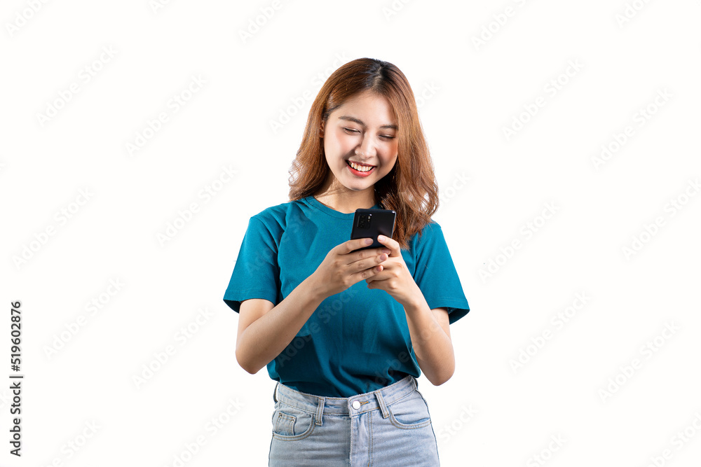 A cheerful and graceful Asian woman smiles happily and makes various hand gestures on a white background.