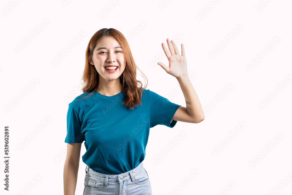 A cheerful and graceful Asian woman smiles happily and makes various hand gestures on a white background. A cheerful and graceful Asian woman smiles happily and makes various hand gestures on a white background.