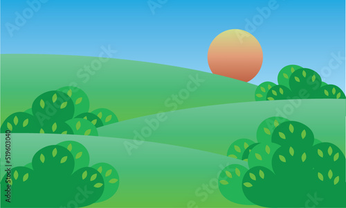 Cartoon landscape of nature sunset  green field  landscape view  game background  summer or spring meadow or pasture with plants. Vector illustration.  