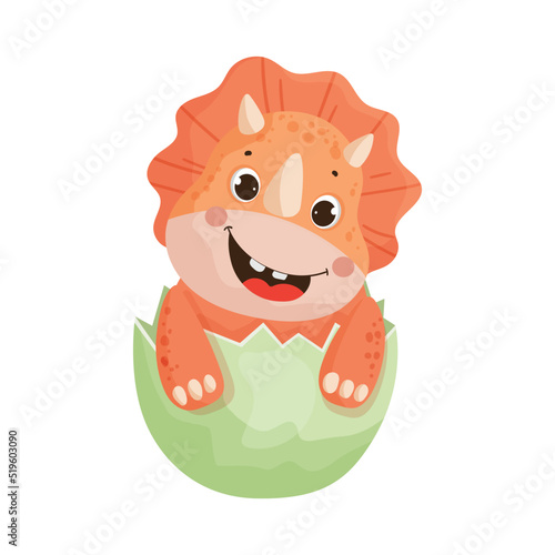 Triceratops in eggshell. Colorful children's illustration.