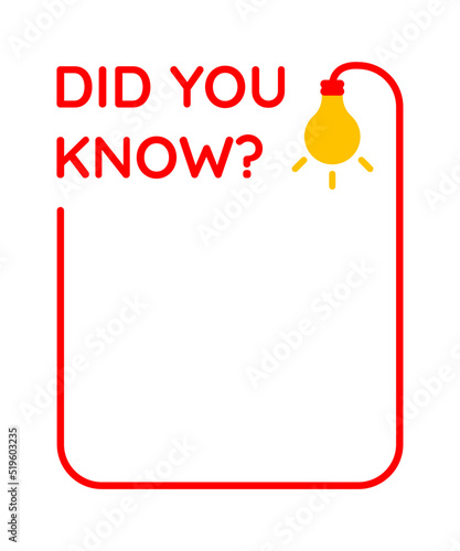 Did You Know label design with a light bulb. Interesting facts about education, business and advertising. Did you know? frame and bulb, idea box. Web interface infographic, flat design element.