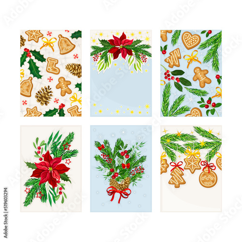 Christmas greeting cards set. Happy New Year backgrounds with fir tree branches, poinsettia flowers and gingerbread cookies vector illustration photo