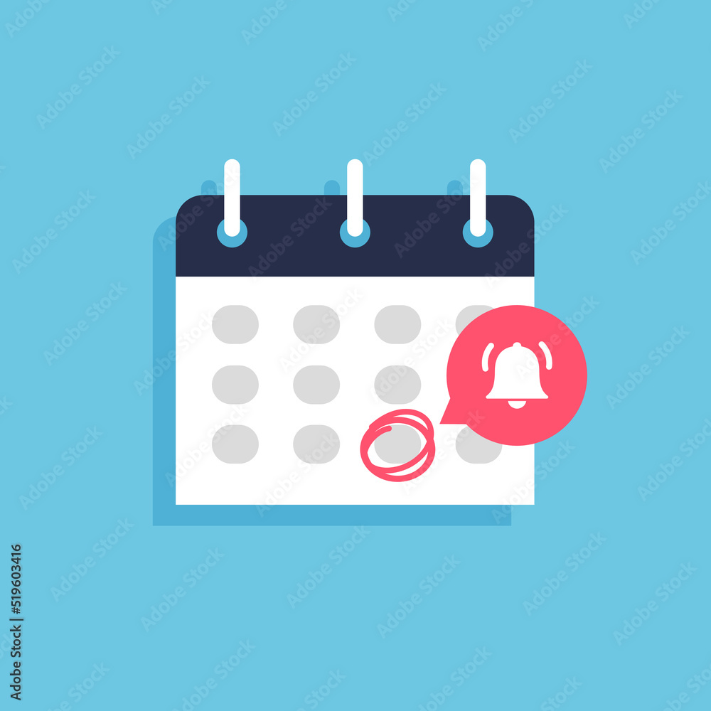 Calendar deadline or event reminder notification. Highlighted date on it. Event or selected important day. Vector illustration isolated on blue background. Calendar deadline or event reminder notification. Highlighted date on it. Event or selected important day. Vector illustration isolated on blue background.