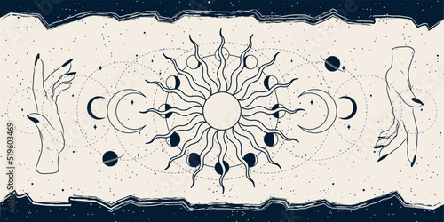 Mysterious banner with magic celestial symbols - moon, sun, stars. Vector background for landing page, web design. Astrology, fortune telling, tarot reading concept. Book cover, poster.