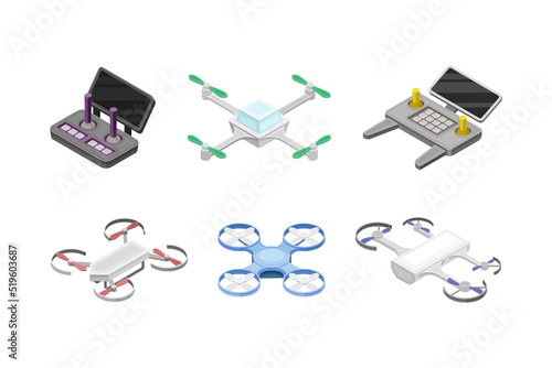 Set of drones and computer controllers. Unmanned aircrafts vector illustration