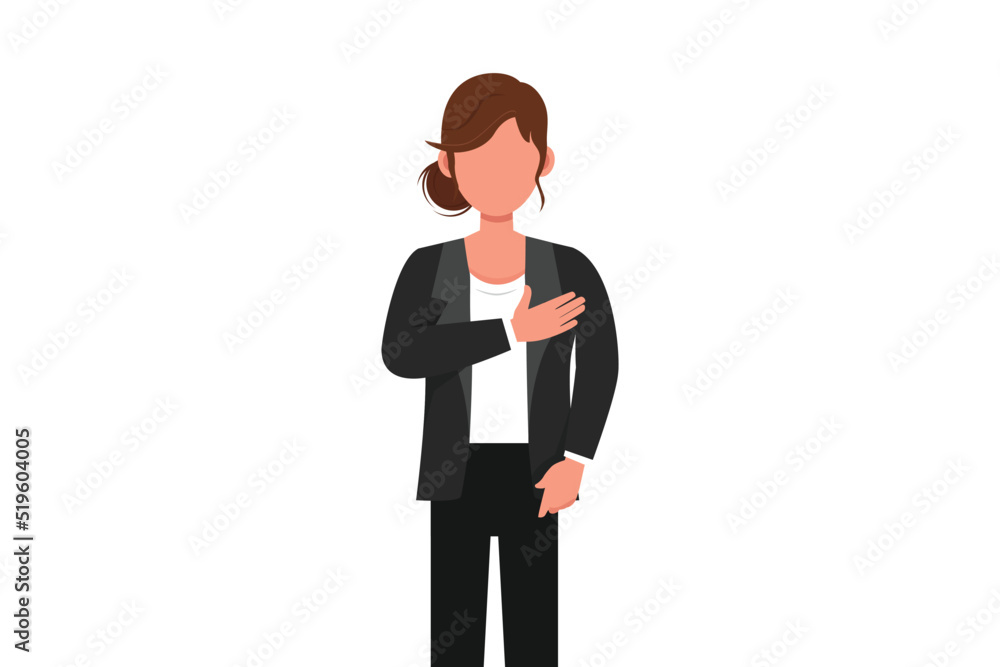 Business design drawing young businesswoman keeping hands on chest. Smiling friendly female expressing gratitude. Emotion and body language concept. Flat cartoon style graphic vector illustration Business design drawing young businesswoman keeping hands on chest. Smiling friendly female expressing gratitude. Emotion and body language concept. Flat cartoon style graphic vector illustration