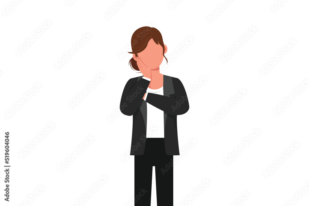 Business flat cartoon style drawing businesswoman holding hand on cheek with crossed hand. Bored tired person keeping hand on face. Female suffering from toothache. Graphic design vector illustration
