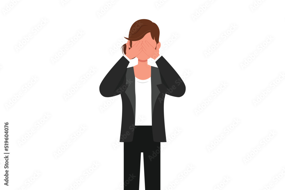 Business flat cartoon style drawing businesswoman closes her eyes with her hands because of disgust and reluctance to see something, fear or sadness. Hand gesture. Graphic design vector illustration Business flat cartoon style drawing businesswoman closes her eyes with her hands because of disgust and reluctance to see something, fear or sadness. Hand gesture. Graphic design vector illustration