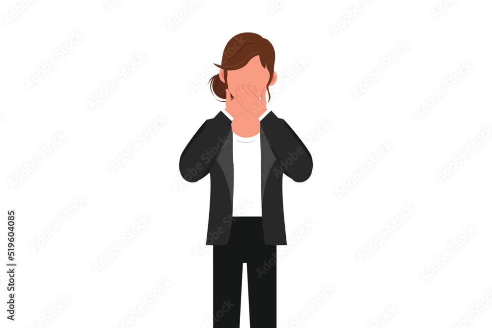 Business flat drawing businesswoman covering mouth with hands. Female mouth, hand shocked with shame for mistake, expression of fear, scared in silence, secret. Cartoon design vector illustration