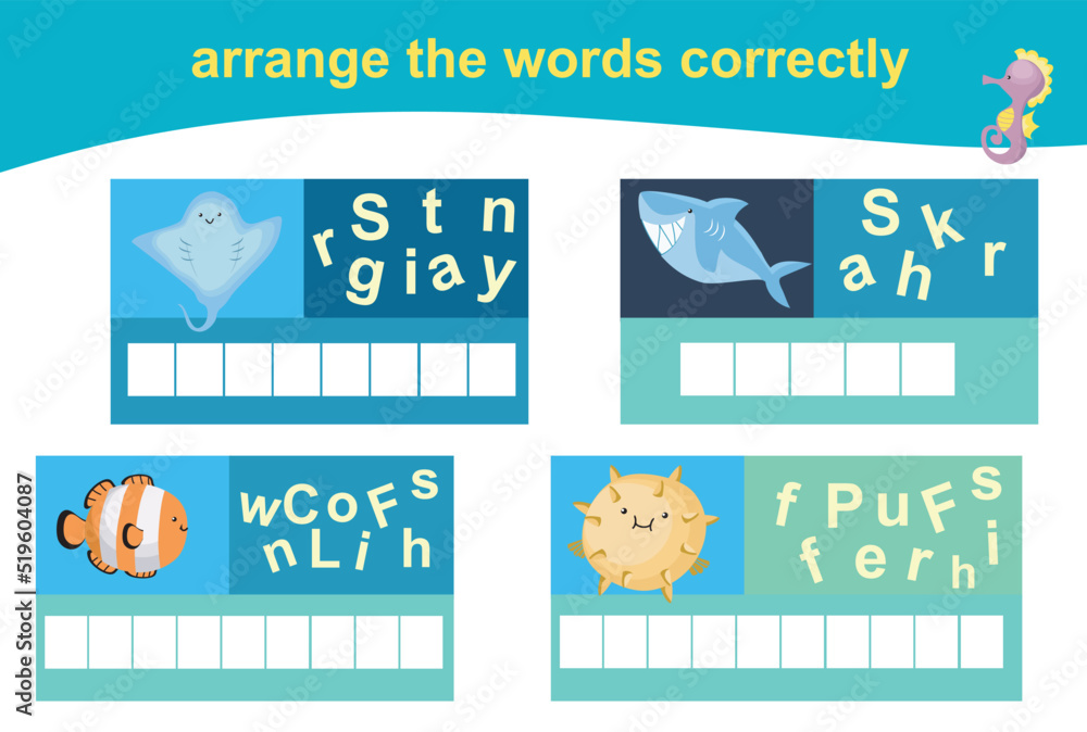 Arrange the words correctly. Sea animal worksheet for children. Writing practice. Vector file.