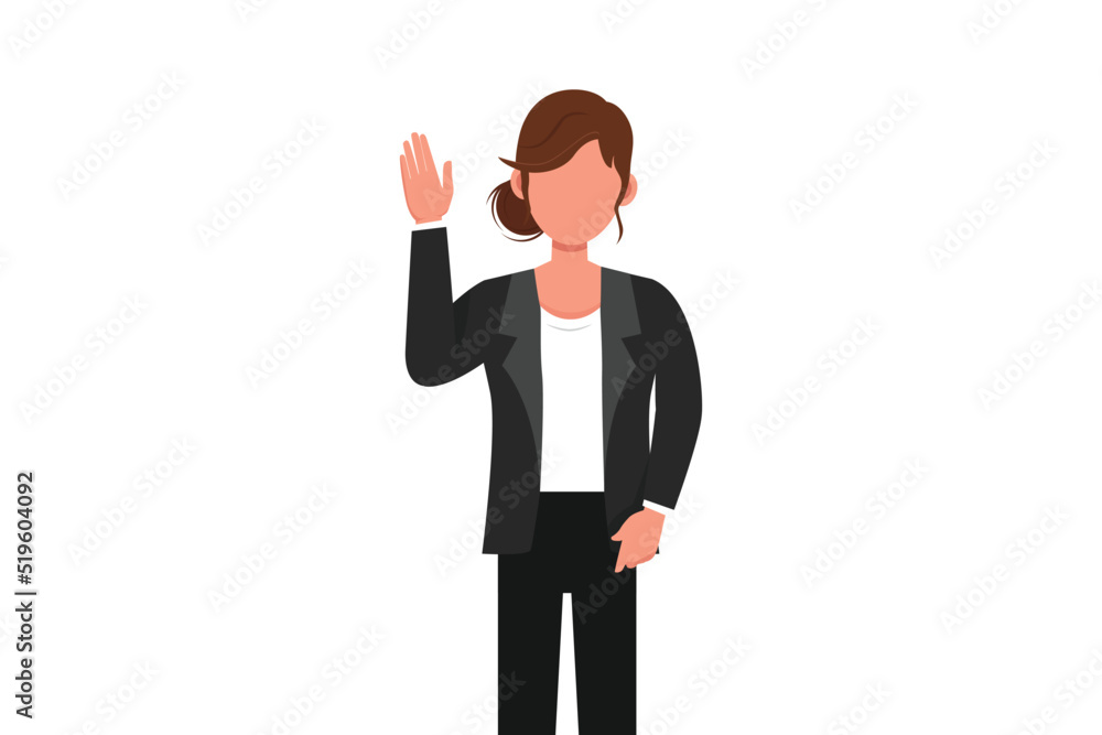 Business flat cartoon style drawing young businesswoman showing palm as stop sign, stay, hold, rejection gesture. Female manager gesturing emotion and body language. Graphic design vector illustration Business flat cartoon style drawing young businesswoman showing palm as stop sign, stay, hold, rejection gesture. Female manager gesturing emotion and body language. Graphic design vector illustration