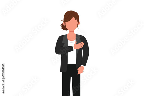 Business design drawing young businesswoman keeping hands on chest. Smiling friendly female expressing gratitude. Emotion and body language concept. Flat cartoon style graphic vector illustration