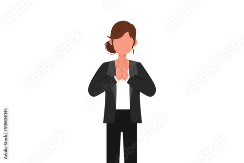 Business flat cartoon style drawing businesswoman in closed eyes praying hands together. Trendy person holding palms in prayer. Human emotion, body language gesture. Graphic design vector illustration
