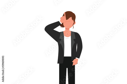Business flat drawing unhappy businesswoman showing loser sign on forehead with fingers. Stressed trendy person gesturing hand over head. Female making 'L' symbol. Cartoon design vector illustration
