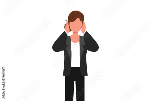 Business flat drawing businesswoman covering or closing her ears with hands, making don't hear or listen gesture. Female manager does not want to hear or listen. Cartoon design vector illustration