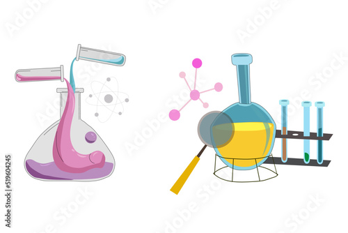 Laboratory equipment. Flask, beaker and other chemical and medicine lab measuring equipment. Vector illustration for chemistry, medical research, science concept