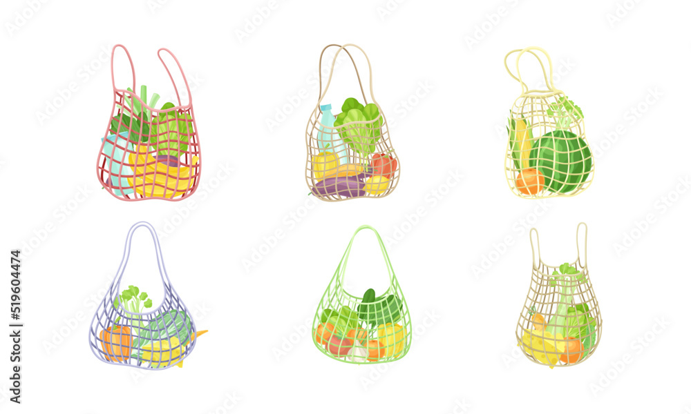 Set of reusable grocery eco bag with organic grocery products. Zero waste concept vector illustration