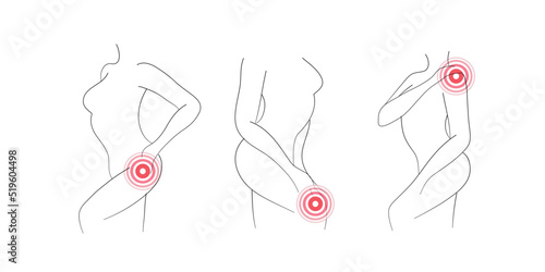 Body parts pain. Human muscle neck back joint and elbow chronic ache. Painful symptoms of disease. Inflammation and injury points