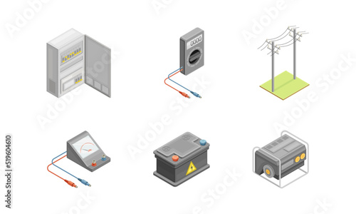 Electric power equipment set isometric vector illustration on white background