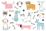 A set of cute hand-drawn dogs. Colorful cartoon animals and handwritten phrases. Vector illustration