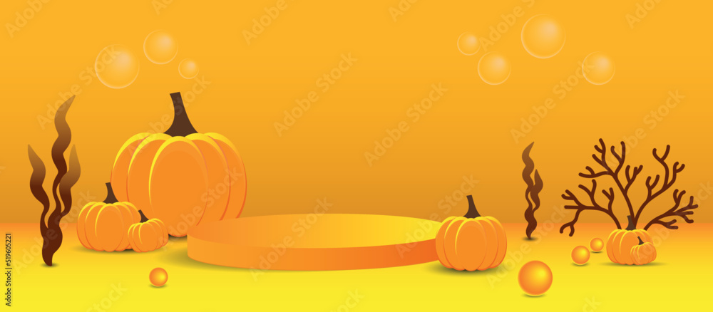 empty podium vector for product presentation. pumpkins next to the podium on an orange background
