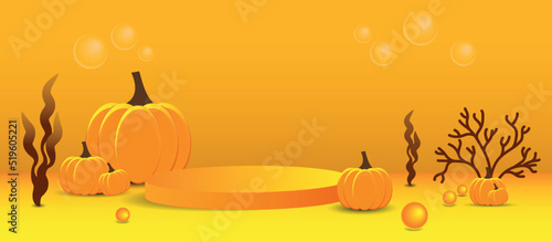 empty podium vector for product presentation. pumpkins next to the podium on an orange background